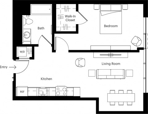 Floor plan for 1 bed, 1 bath, 641 sqft